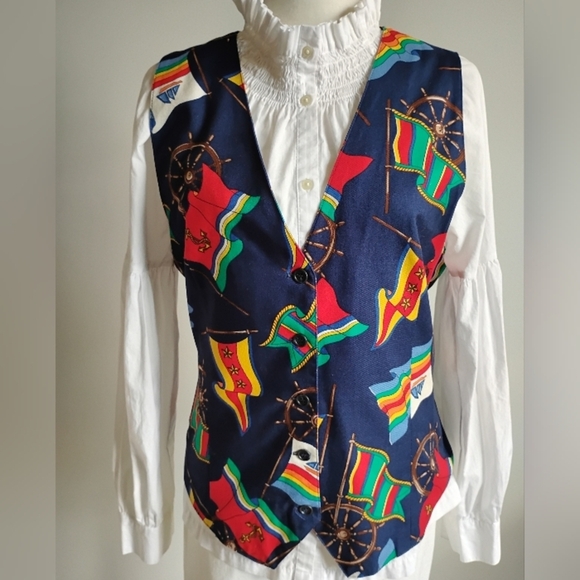 Talbots Vintage Nautical Sailboat Burgee Flag Vest Colorful Blue Red Boating M/L - Picture 2 of 12